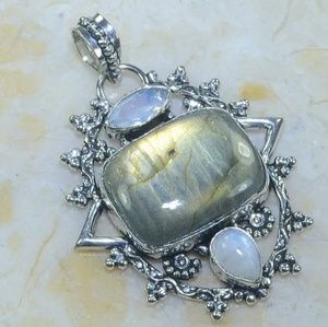 Sterling Silver Labradorite and Moonstone Pendant Necklace - Gray/Blue